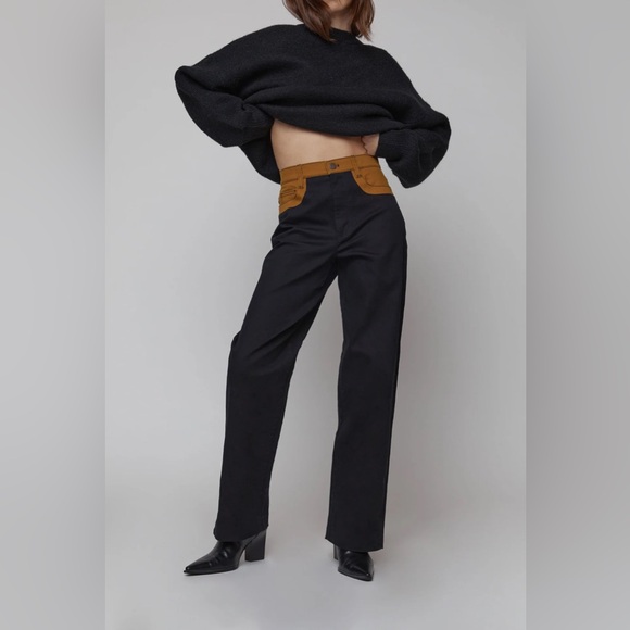 OAK + FORT Two-Tone Black and Mustard Colour Block Twill  Straight Leg Jeans - Picture 2 of 10
